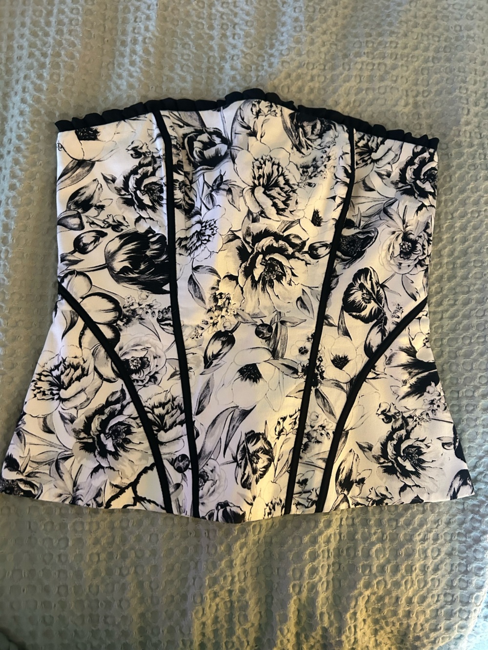 White House Black Market Black and White Floral Corset with Piping Trim